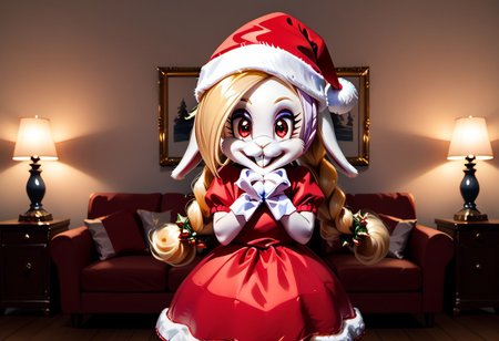 score_9, score_8, score_7, source_furry, rating_safe, detailed face, detailed eyes, incredible detail, xmas_style_2K24 BREAK 1girl, solo, harriet_odyssey, bunny, blonde hair, hat, bunny female, long hair, red eyes, santa hat, standing, v arms, own hands together, happy, smile, looking at viewer, santa dress, indoors, living room