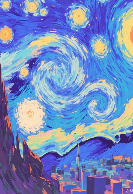 Van Gogh's Starry Sky, oil painting style, vibrant colors, thick impasto brushstrokes, heavily textured, expressive, turbulent swirling clouds, shimmering stars with subtle glints, warm golden light with soft radiant glow, nuanced shading, high contrast, and dynamic composition.
