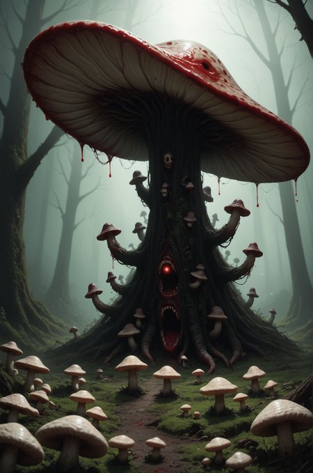 score_9, score_8_up, score_7_up,  horror, blood, artwork, mystic forrest, giant mushrooms, glow in the dark
 <lora:add-detail-xl:1> <lora:SDXLFaeTastic2400:0.45> <lora:WildcardX-XL-Detail-Enhancer:1> <lora:xl_more_art-full_v1:0.4>