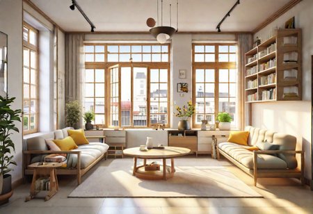 ((front view)), anime-style, modern-style interior, with white walls, (large windows), Nordic-style furniture, a  study, Sofa, coffee table, bookcase, single wall, 
warm light morning sun, (the view of the city)