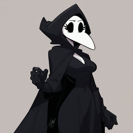 score_9, score_8_up, score_7_up, 1girl, solo, solo focus, cowboy shot, HumanIngrid, plague doctor mask, black eyes, hollow eyes, eyelashes, white skin, pale skin, slim waist, medium breasts, black robe, black hood, black cape, black boots, long sleeves, black gloves, standing, looking at viewer,