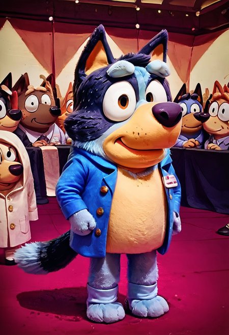 Bluey, score_9, score_8_up  score_7_up, male, dressed as a professor giving a Ted talk, audience in background, Bluey style, detailed fur