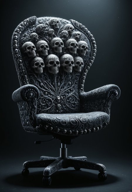 very detailed awesome gaming chair made of skulls, fantasy art style, violet and silver theme, no humans, no character, no skeleton, intricate details, ultra sharp, exquisite detail, flawless composition, vivid colors, masterpiece, exciting dark background slimes_skullwm,