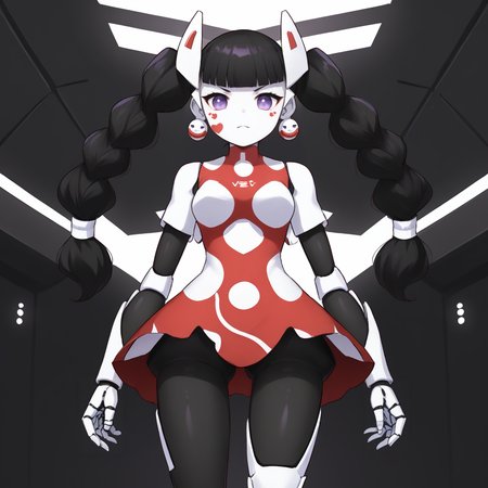 score_9, score_8_up, score_7_up, cowboy shot, 1girl, <lora:Yuika_PXL:1> yuika_mmbn, purple eyes, facial mark on right cheek, black hair, twintails, blunt bangs, robot ears, android, robot joints, mecha, black joints, red armor, armor plating, (armored legs:1.2), standing BREAK indoors, futuristic, hi-tech, neon lights, cyber space, alternate dimension
