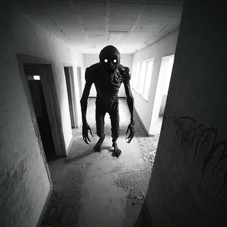 horrorcctvlora, abandoned building, horror (theme), monster sneaking, monochrome, dutch angle