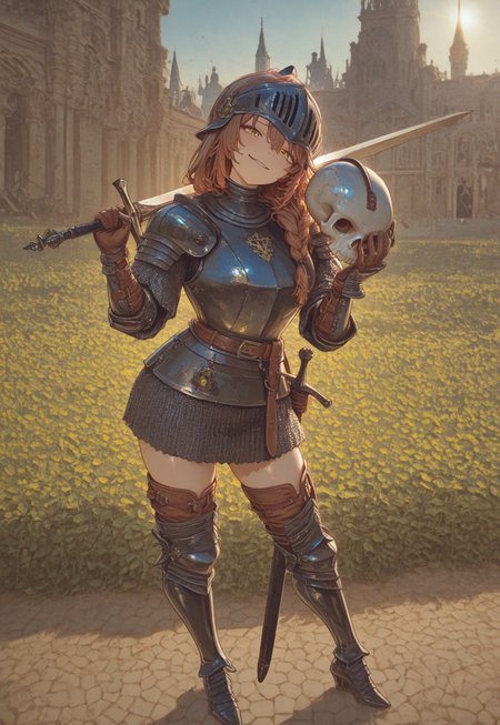 vermis, gothic, female knight, 1girl, solo, brown hair, low braids, yellow eyes, full body BREAK brigandine armor, chainmail, pauldrons, gauntlets, leather gloves, chainmail under brigandine, belt, scabbard, leather thigh boots, BREAK furrowed brow, smug, head tilt, contrapposto, holding hounskull helmet, holding sword, weapon over shoulder, standing among flower field 
BREAK
masterpiece, best quality, very aesthetic, absurdres, amazing quality, newest, very awa, highly detailed, fine detail, intricate detail, dynamic lighting, volumetric lighting, ambient light, soft light, dimly lit, 
outdoors, standing, tower, gothic cathedral, rooftop, spire, panorama, cityscape, backlight, high contrast, cinematic, scenery, perspective, perfect lighting, Expressiveh, 