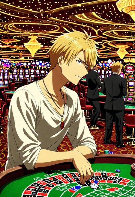 high resolution, solo, best quality, 1Boy, Yamato Ishida, Blond Hair, Necklace, casino, gambling, OverallDetail