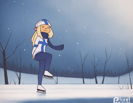 (artist: pixelsketcher:1),
masterpiece, best quality, very awa, newest, absurdres, highres, detailed background,
detailed background, outdoors, snowing, winter, tree, park, ice lake,
1girl, solo, mimmisuomi,
blonde hair, long hair, sidelocks, medium breasts, blue eyes, (solid circle eyes:1),
standing, full body, leg up, ice skating, arms behind back, ice skates, looking ahead, :3, arms at sides, flag print, finnish flag, sweater, beanie, yoga pants,
<lora:mimmi 2550 steps:1>