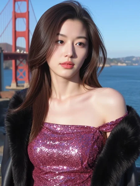 There are wonderful studio lights and various reflections,
18yo beautiful cute girl with blushing and female orgasm.skin naturally showing the texture of blood vessels and detailed pale skin,
--,snow,
<lora:Gianna_Jun_f1a:1>,she is Gianna Jun,a beautiful korean actress., On the iconic Golden Gate Bridge, a girl with sun-kissed skin and sparkling eyes captures the essence of San Francisco. She wears a flowing, sequined evening gown in a vibrant hue, paired with a luxurious, fur-trimmed leather jacket. The gown's reflective surface catches the sunlight, creating a dazzling effect, while the jacket adds a touch of opulence. Her expression is serene yet contemplative, as she gazes out at the bay. The bridge's towering structure and the blue waters below create a dramatic backdrop, and the image is rendered in a realistic style, highlighting the texture of her dress and the grandeur of the landmark.