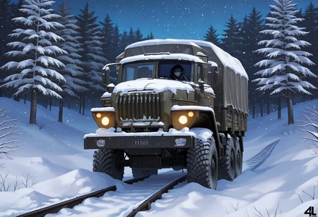 masterpiece, best quality, Graphic Design, color art, vibrant colors, intricate details, high contrast, detailed background, beautiful detailed, beautiful face, detailed eyes, detailed face, new, newest, 1girl, solo, military uniform, driving, ur4l, truck, military vehicle, car, tarpaulin, outdoors, vehicle focus, winter, snow, snowing, headlights, dark, trees, night, deep tire tracks in snow,