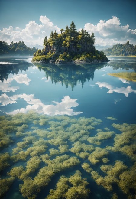 detailed landscape, great lighting, An island in the middle of the water, double exposure, water only, Specular Reflection, clear and beautiful,  reflection, sunlight,  blue sky, day, beautiful view, mysterious glow, beautiful clouds, depth of field, masterpiece, best quality, 8k, ultra-detailed, very aesthetic, illustration, superb composition, finest details, intricate details, absurdres, high contrast,