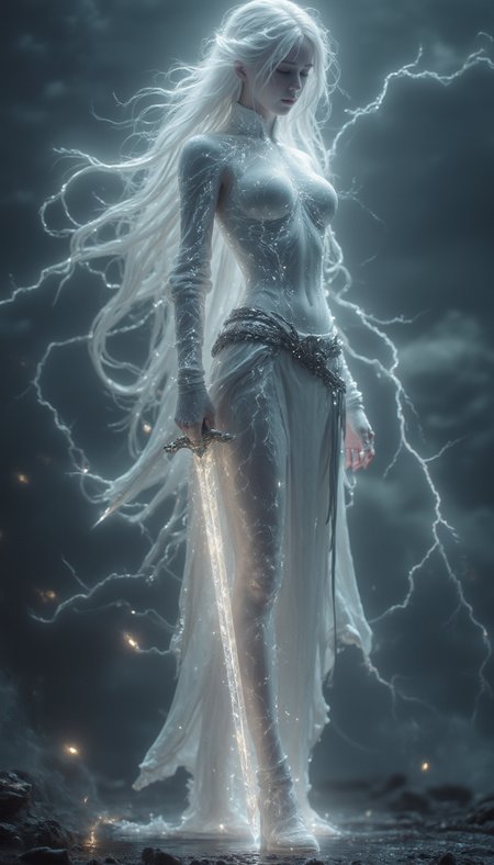 bailing_lightning, 1girl, composed of elements of thunder,thunder,electricity,A magic sword knight,composed of elements of thunder,thunder,electricity,His form is barely tangible,with a soft glow emanating from his gentle contours,The surroundings subtly distort through her ethereal presence,casting a dreamlike ambiance,white lightning,Surrounded by thunder and lightning elemental magic,