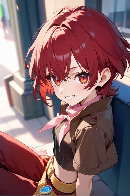 score_9, score_8_up, score_7_up, very aesthetic, source_anime, detailed,
street, blurry background,
sitting, grin, looking at viewer, blush.
from side, from above,
<lora:iria_autismConfetti_v02:1>iriaBase, short hair, red eyes, red hair,
red pants,  brown cropped jacket, short sleeves, midriff, yellow belt, pink neckerchief,, zPDXL