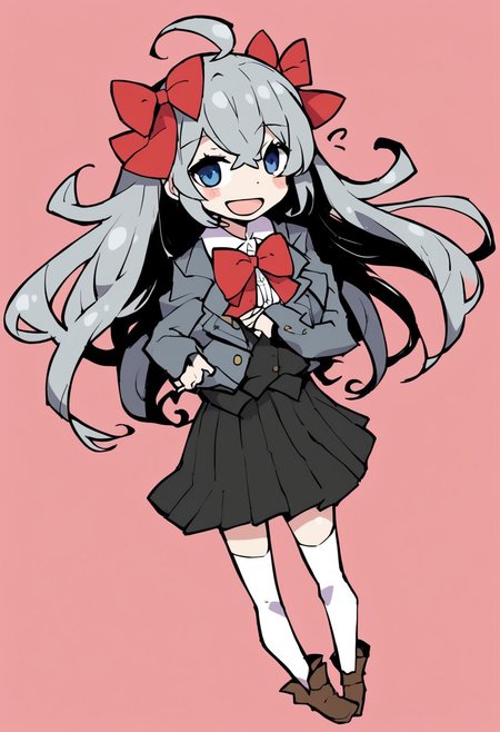 dowman sayman, alisa mikhailovna kujou, tokidoki bosotto roshia-go de dereru tonari no alya-san, 1girl, :d, ahoge, arm at side, black skirt, black vest, blue eyes, blush, bow, bowtie, brown footwear, buttons, chibi, chibi only, collared shirt, copyright notice, crossed bangs, double-breasted, full body, grey hair, grey jacket, hair ribbon, jacket, lapels, long hair, looking at viewer, notched lapels, open clothes, open jacket, open mouth, pleated skirt, red bow, red bowtie, red ribbon, ribbon, shirt, simple background, skirt, smile, solo, thighhighs, vest, white background, white shirt, white thighhighs