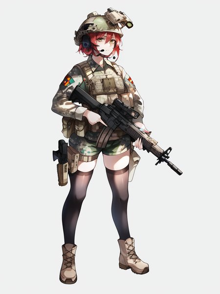 score_9, score_8_up, score_7_up, score_6_up, score_5_up,  <lora:tacticalclothesXLP:0.8> tactical clothes, 1girl, gun, weapon, solo, thighhighs, helmet, headset, assault rifle, rifle, camouflage, military, red hair, military uniform, black thighhighs, boots, uniform, full body, m4 carbine, short hair, h&k hk416, handgun