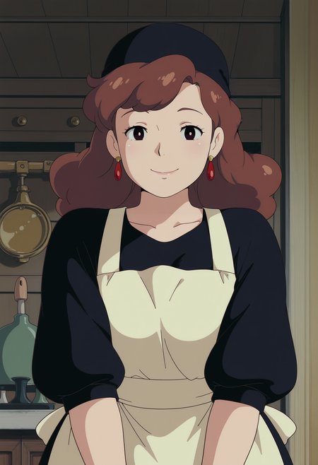 1girl,solo,mm,mature female,brown hair,long hair,earrrings,hat,anime coloring,
,apron,dress,upper body, looking at viewer, indoors,smile
,masterpiece,best quality,amazing quality,<lora:Kokiri-Kikis_Delivery_Service_ix:0.8>