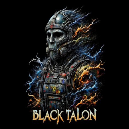 ("BLACKTALON" text logo:1.3) Zombie soldier wearing a biohazard gas mask, black and gold filigree, navy and gold vapor swirls, black background <lora:Harrlogos_v2.0:0.8>