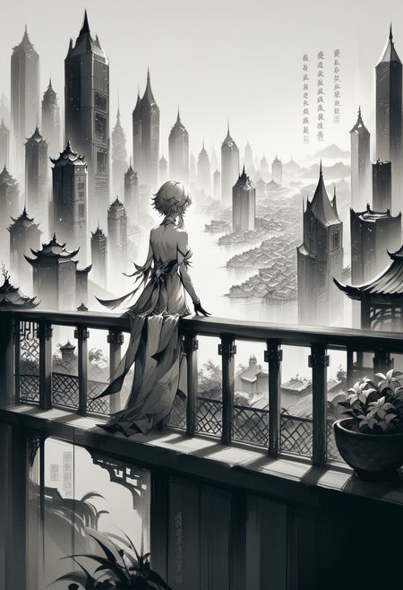score_9, score_8_up, score_7_up, <lora:cllgrphy_pdxl_EliPot:1> monochrome, chinese text,
lumine \(genshin impact\),blonde hair,
at the balcony, city view,