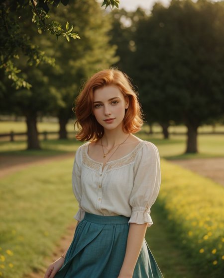 (style of Alessio Albi:1.4), Realist Portraiture, Soft Lighting, Emotional Depth, Simple Compositions, (Layered Depth, Soft focus foreground, Painted Scenery:1.1), alluring feminine physique, 24yo B34U71FU1_CA3LIA attractive irish redhead, wide cinematic establishing shot seductive young woman picnic under tree, (Layered Depth, Soft focus foreground, Painted Scenery:1.1), (bra, young adult irish redhead:1.15), short backlit hair, perfect face, thin upper lip, pouting lower lip, thin brows, small upturned nose, bow-shaped lips, large expressive almond shaped eyes, Raised Eyebrows, Focused Gaze, eager expression, quaint farm setting, (relaxed country woman), (tight unbuttoned shirt, thin material), subsurface scattering, classic cotton, soft pastel, intricate embroidery collar cuffs, rolled-up sleeves revealing sun-kissed forearms BREAK (blanket:1.15), rich textures, patchwork design, vibrant colors, detailed stitching, homely aesthetic (skirt), elegant rustic charm, subtle floral pattern, linen, sways breeze BREAK ((wildflower wreath)), crown delicate chain necklace, small, intricate pendant, heart-shaped with floral theme, glowing subtly in the soft light, ethereal quality, [lens flare glinting], (mischievous yet content expression), lush green fields in the background, (soft, sunlit ambiance), simple leather boots, carefree hair  <lora:kodak_ultramax_400:0.8> golden hour, soft golden light, pastel sky, relaxed posture, natural smile, earthy colors, candid moment, urban park, trees and flowers in background, leading lines, depth of field, slightly off-center framing, warm tones, cinematic look, natural setting, editorial style, soft textures, subtle lighting, peaceful mood