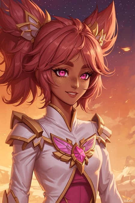 best quality, masterpiece, original, highres, illustration, best lighting and shadow, aesthetic wallpaper, amazing, beautiful, taliyah, 1girl, solo, dark skin, dark-skinned female, short hair, thick eyebrows, pink eyes, freckles, extremely detailed and beautiful face, happy, smile, star guardian league of legends, star guardian taliyah, upper body, pink twintails,
<lora:tali-20:0.5>