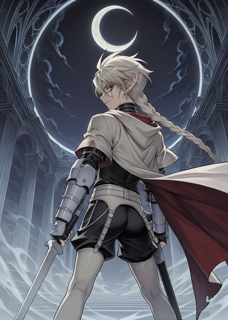 masterpiece, best quality, arms at sides, male focus, 1boy, male, gothic background, night, solo, (concept art:1.2), fighting stance, holding sword, ass, facing away, looking back, crescent moon, 
<lora:Koinzell:0.8>, Koinz0l, red eyes, platinum blonde hair, scar across eye, pointy ears, twin braid, platinum blonde eyelashes, cape, hooded cloak,