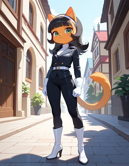 masterpiece, best quality, very aesthetic, absurdres,
outdoors, posing, 
white gloves, white high heel boots, black pants, black jacket, long sleeves, 
<lora:Kitty_Katswell_v01_NAIXL:1>
K1tty_Kat6w3311, 1girl, solo, furry, furry female, animal ears, long hair, black hair, hairband, blunt bangs, flipped hair, green eyes, animal nose, body fur, orange fur, cat tail,