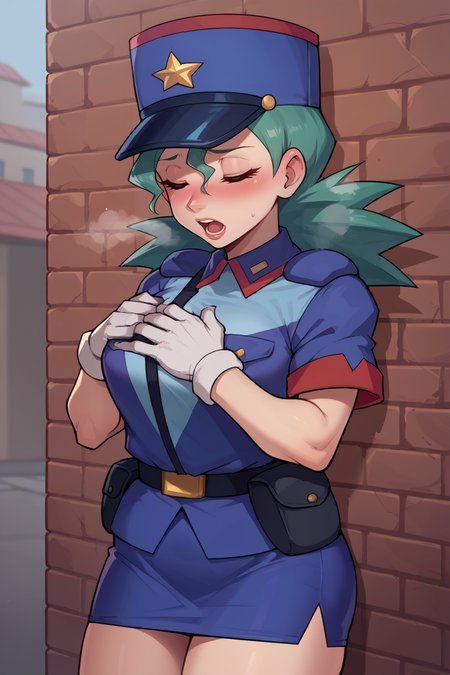 score_9, score_8_up, score_7_up, score_6_up, source_anime, BREAK 1girl <lora:pkmnjenny-pdxl-nvwls-v1-000005:1> pkmnJenny, green hair, blue hat, police uniform, blue shirt, short sleeves, belt, pencil skirt, white gloves, closed eyes, blush, open mouth, hands to own chest, brick wall, heavy breathing