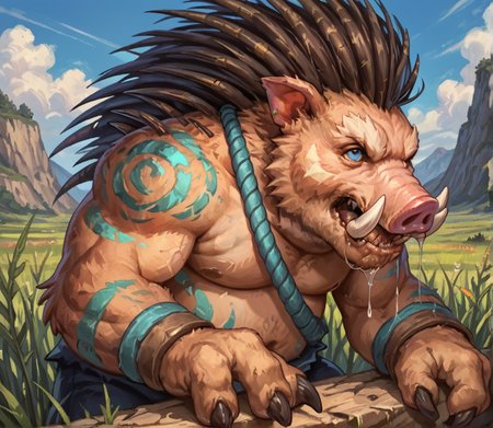 score_9_up,score_8_up,score_7_up,score_6_up,score_5_up,score_4_up, detailed, (best quality:1.2), hi res, digital media \(artwork\), rating_explicit, source_furry, source_monster, zPDXL3, BREAK,
 field background, blurry background, close up, portrait, (three quarter view), side view, open mouth, drool, saliva, saliva strand, spittle,
quillboar, monster, snout, tusks, digitigrade, (quills), back spikes, arm spikes, three fingers, tribal markings, pig nose, claws, muscular, pectorals, chubby, shoulder spikes, two toes, fur,
<lora:Quillboar for Pony:0.7>