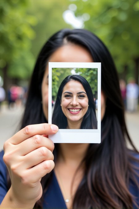 A woman, Ezada, is holding a Polaroid photo of herself in front of her face. The background of the image is blurred, showing a park or outdoor setting with trees and people in the distance. The focus is on the Polaroid, creating a visual contrast between the sharp, happy image in the photo and the blurred, real-life background behind it.<lora:Mistress_Ezada_Sinn:1>âââ