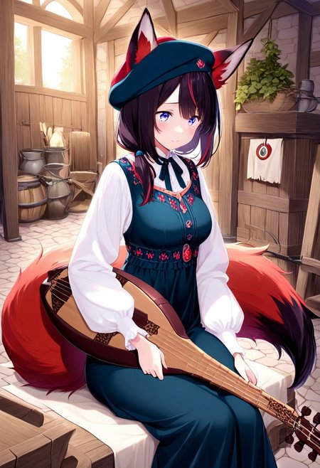 masterpiece, high quality, best quality, highres, 1girl, Kannachan, (Pink glowing eyes:0.5), red and black tail, medieval, bard, lute, beret, bard's clothing, fox tail, playing the lute, fox ears dropped down