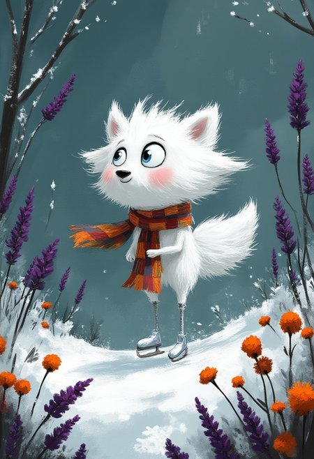 A whimsical illustration of a tiny white arctic fox with stilt-like stretched legs in dark whimsical art style, gracefully gliding on silver ice skates while wearing a massive patchwork scarf in autumn colors, standing among frozen lavender and marigolds encased in frost, digital painting with ethereal brushstrokes showing fluffy wind-swept fur, misty winter background with floating ice crystals, characteristic Tim Burton inspired design with enormous round sapphire eyes and excited expression.