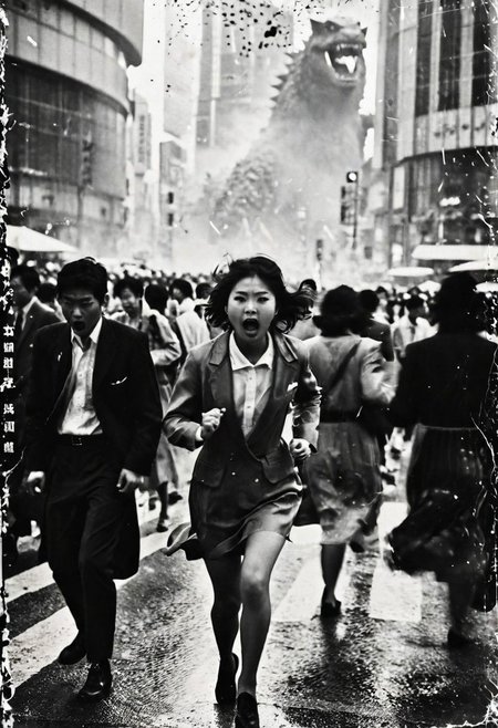 B&W 35mm vintage photo of Shibuya crossing, people run in panic, face expressions visible, godzilla attack, panic everywhere, panic in every face, everyone running in panic, running for their lives