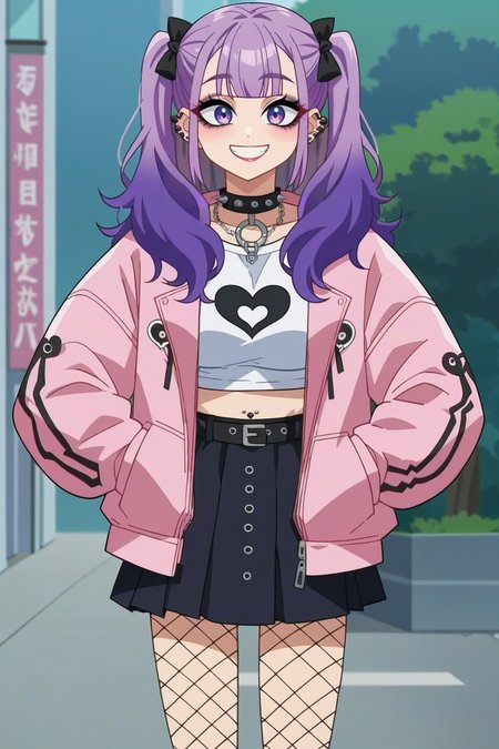 score_9, score_8_up, score_7_up, score_6_up, score_5_up, score_4_up, BREAK source_anime,anime screencap, rating_explicit,cowboy shot,1girl,solo,anime screencap,smile,big eyes,big breasts,
edgPastelGoth, a woman with purple hair and a pink jacket ,wearing edgPastelGoth
 <lora:edgPastelGothPonyv1:1>