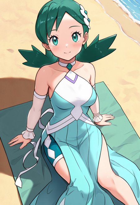 2d, masterpiece, best quality, amazing quality, highres, absurdres, newest, 1girl, solo, sitting, on towel, beach, from above, dutch angle, looking at viewer, medium breasts, 
sygkris, kris \(pokemon\), green eyes, green hair, medium hair, hair ornament, halter dress, bare shoulders, choker, aqua dress, side slit, detached sleeves, wrist cuffs, aqua shorts, shorts under dress, long dress, high heel sandals, white footwear, aqua footwear