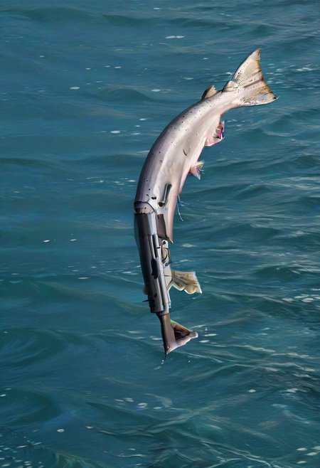 ((((Salmon holding shotgun)))))