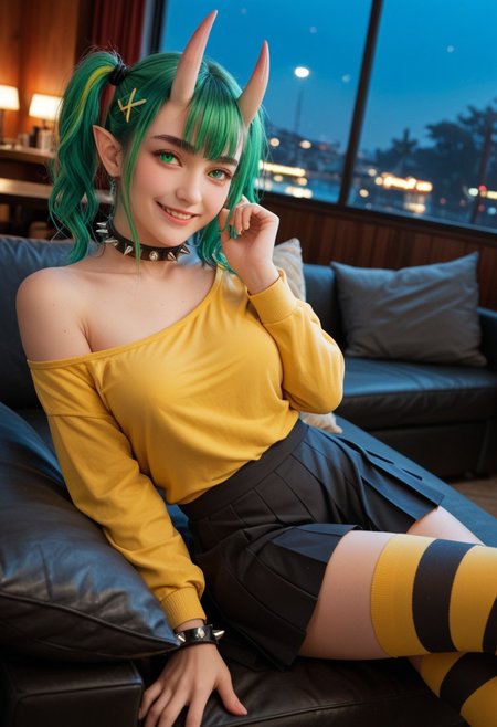 score_9_up, score_8_up, score_7_up, score_6_up, 1girl, 25 years old, perfect face, (adult), sexy, 
green eyes, 
pointy ears, 
green hair, twintails, bangs, multicolored hair, thick eyebrows, x hair ornament, hair ornament, hairclip, oni horns, 
spiked collar, spiked bracelet, 
off shoulder, yellow shirt, sleeves past wrists, 
black skirt, pleated skirt, 
striped thighhighs, black thighhighs, yellow thighhighs,
lying, on side, arm support, seductive smile, come hither, naughty face, dynamic pose, dynamic angle, blush, 
dutch angle, night, party, nightclub,
mature