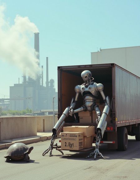 cinematic photography of a gangly robot with extra limbs unloading boxes from the back of a truck. Behind the truck is a long ugly factory building billowing smoke up into an otherwise blue sky. A large turtle on the side of the lot watches the robot. 