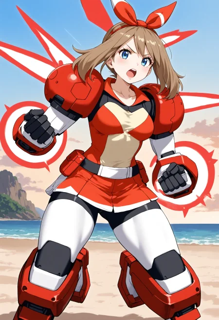 <lora:Hyper-SDXL-8steps-lora:1> <lora:Fixhands_anime_bdsqlsz_V1:1> zPDXL2, score_9, score_8_up, score_7_up, source_anime, intricate details, perfect anatomy BREAK
outdoors, beach, expressionless, 1girl, solo, fighting stance, angry, screaming, punching, 
<lora:GAGE-titus_XL(pony)v10:1> GAGE-titus, mecha musume, red shoulder armor, mechanical arms, mechanical legs, (faceless female:-1), energy, energy beam, 
may \(pokemon\), (pokemon:0.8), brown hair, blue eyes,