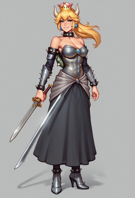 Beauty Bowsette from Super Mario, pale skin, slim stomach, long hair, ultra detailed beauty faces, full body, action pose, big brightness blue eyes,
(((full-clothed medieval spikes armor))), ((long sword in hands, steel sword in hands)), medieval style
BREAK 
strange world background score_9, score_8_up, score_7_up, score_6_up, source_cartoon, rating_explicit, Expressiveh, (((portrait, close up))), dynamic pose