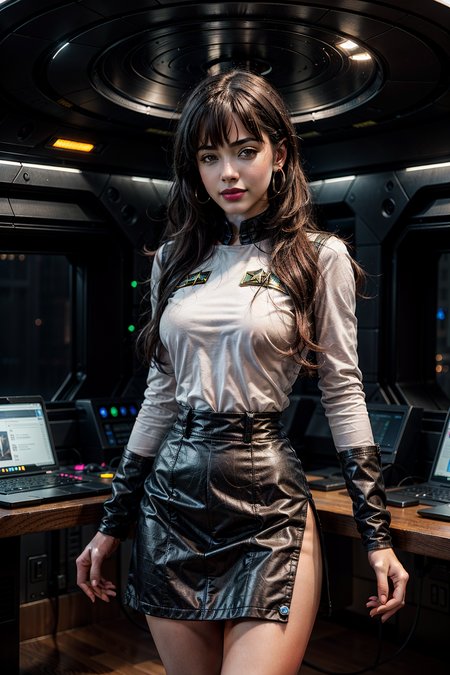 Character: A beautiful woman, arrogant and alluring, her features are lit by the glow of computer screens, Attire: Black and white starfleet uniform which ends in a skirt,  Accessories: Planet earrings and a watch, Hair and Makeup: Long black wavy hair with short bangs, Presence: Standing in the center of a Starship bridge commanding attention. <lora:add_detail:1> <lora:epiCRealismHelper:1> <lora:picxer_real:1>