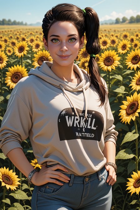 score_9, score_8_up, score_7_up, score_6_up
<lora:WDSitara:0.8>
WDSitara, 1girl, side ponytail, long hair, black hair, nose piercing, make up, looking at viewer, surrounded by sunflowers in a bright field, smiling, with hands on hips