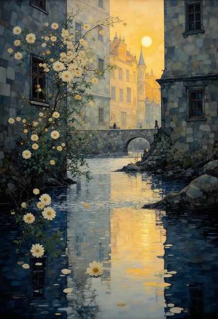 In this hauntingly beautiful impressionistic scene, a somber yet enchanting atmosphere unfolds. Gleaming sunlight kisses the serene surface of the water, casting radiant gold rays against the age-worn walls. These ancient structures appear submerged in a mysterious twilight, creating a striking juxtaposition of light and shadow.  A tender, lone white blossom drifts gently upon the undulating waves, petals softly falling as they imbue warmth within the tranquil expanse. The foreground is dominated by a shimmering stream with its mirror-like ripples dancing in harmony with the golden light. Its metallic reflections glisten against the backdrop of weathered stone walls, their faded gray hues melding seamlessly with the soft ambient illumination.  Delicate shades of silver and gray meld into a stunning canvas, adorned with splashes of vibrant white from the flower petals and the stark contrast they bring. The enveloping softness of the overall lighting is a testament to nature's quiet beauty, as the sun's rays gracefully lend an ethereal quality to the entire scene.  The composition epitomizes the melancholic elegance reminiscent of James Whistler's atmospheric works infused with symbolism's delicate poetics. This enchanting painting portrays an ode to nature's solitude and calm, transporting its viewers into a world of serene introspection.  ,<lora:Digital painting V1.safetensors:1.0> ,