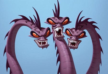 score_9, score_8_up, score_7_up, Expressiveh, masterpiece, best quality, highly detailed, realistic, (zPDXL3), solo, (HDHC, furry, feral, scalie, serpent, purple body, purple scales, orange sclera, black eyes, fangs, sharp teeth, long neck, hydra, 3 heads, multi head), close-up, smile, open mouth, (blue background, simple background), ((looking at viewer)), close-up