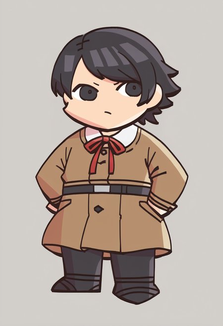 score_9, score_8_up, score_7_up, source_anime BREAK 1girl, solo,
 <lora:FEH-MTH-pdxl_Fp:1> chibi, simple background, full body
 <lora:zs_YokoXL:1> yokosmtvv, short hair, black hair, swept bangs, brown uniform, red neck ribbon, skirt, black pantyhose