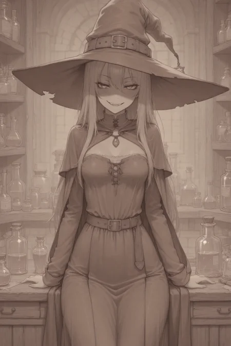 masterpiece, best quality, amazing quality, witch,  lineart, clothed, medieval laboratory, solo, small breasts, love potion, naughty face, general,