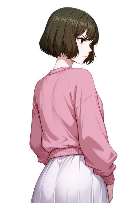 masterpiece,high quality details, absurdres,
 <lora:Akira_Dojima_V2:0.8> akira_cnr,1girl, brown hair, short hair, bob cut, bangs,brown eyes, akira_def, white skirt,pink sweater,, simple background, white background, from behind,solo,, serious,v-shaped eyebrows,