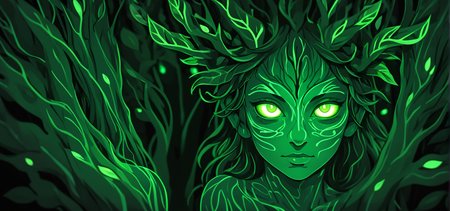 macro shot of a glowing forest spirit,leafy appendages outlined with veins of light,eyes a deep,enigmatic glow amidst the foliage., Ink Illustration, bold lines, flat design, solid colors, clean lines