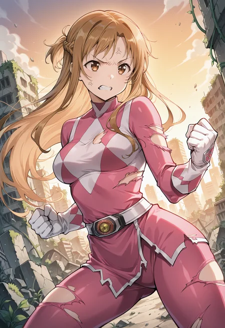 masterpiece, best quality, 1girl, solo, aaasuna, long hair, brown hair, braid, pink power ranger, pink bodysuit, white gloves, ruins, (overgrown), (post-apocalypse), fighting stance, cowboy shot, brown eyes, outdoors, sunset, rubble, vines, legs apart, looking ahead, (torn clothes:1.3), torn bodysuit, dutch angle, clenched hands, fists, angry, anger vein, frown, raised eyebrow, glaring, clenched teeth