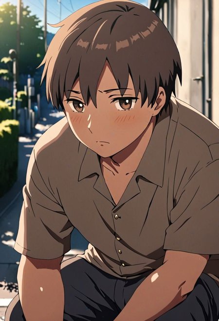high resolution, solo, best quality, 1Boy, Takaki Toono, Brownish Hair, Brown Eyes, lofi, candid, squat, depth of field, photo model, looking at viewer, OverallDetail