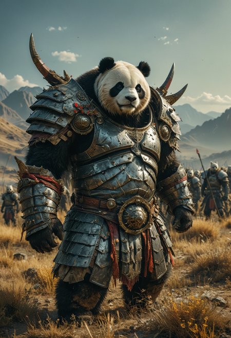 An imposing and fierce fluffy panda warrior stands in a dry grassland battlefield, dressed in rugged battle-worn armor, the panda has a muscular build and determined expression, intimidating presence, group of warriors in the background, emphasizing the epic nature of this scene, The panda warrior is powerful, bravery and readiness for battle, high contrast, dramatic scene, <lora:MJ52:0.4>, <lora:SDXLFaeTastic2400:0.4>, <lora:CinematicStyle_v1:0.7>, <lora:add-detail-xl:1>, <lora:zavy-cntrst-sdxl:0.5>, <lora:- SDXL - vanta-black_contrast_V3.0:0.6>